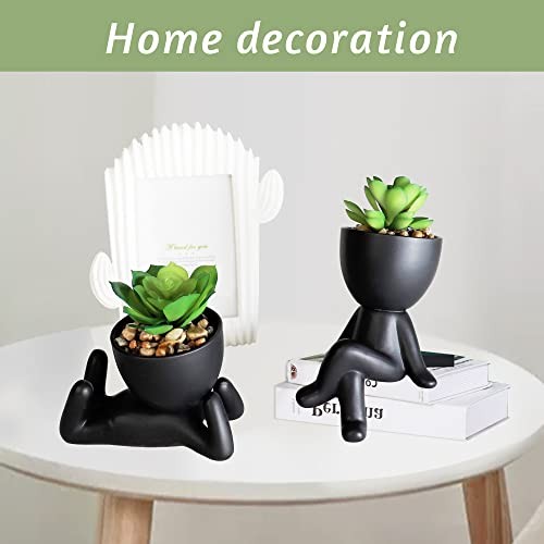 3 PCS Cute Artificial Succulent Plants with Creative Human Shaped Pots, Black