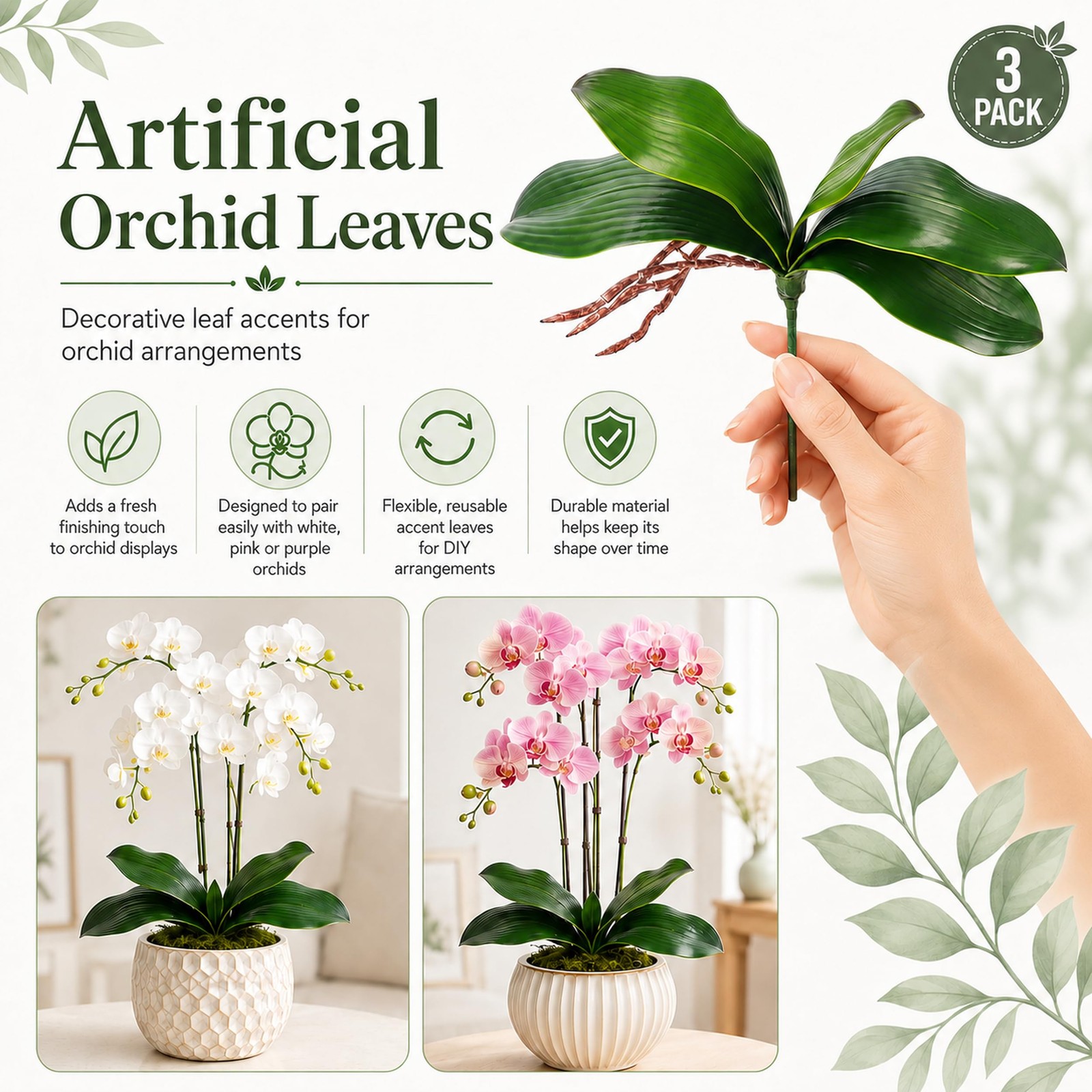 Fake Orchids 3 Pack Artificial Orchid Leaves Faux Greenery Stems for Vase She…