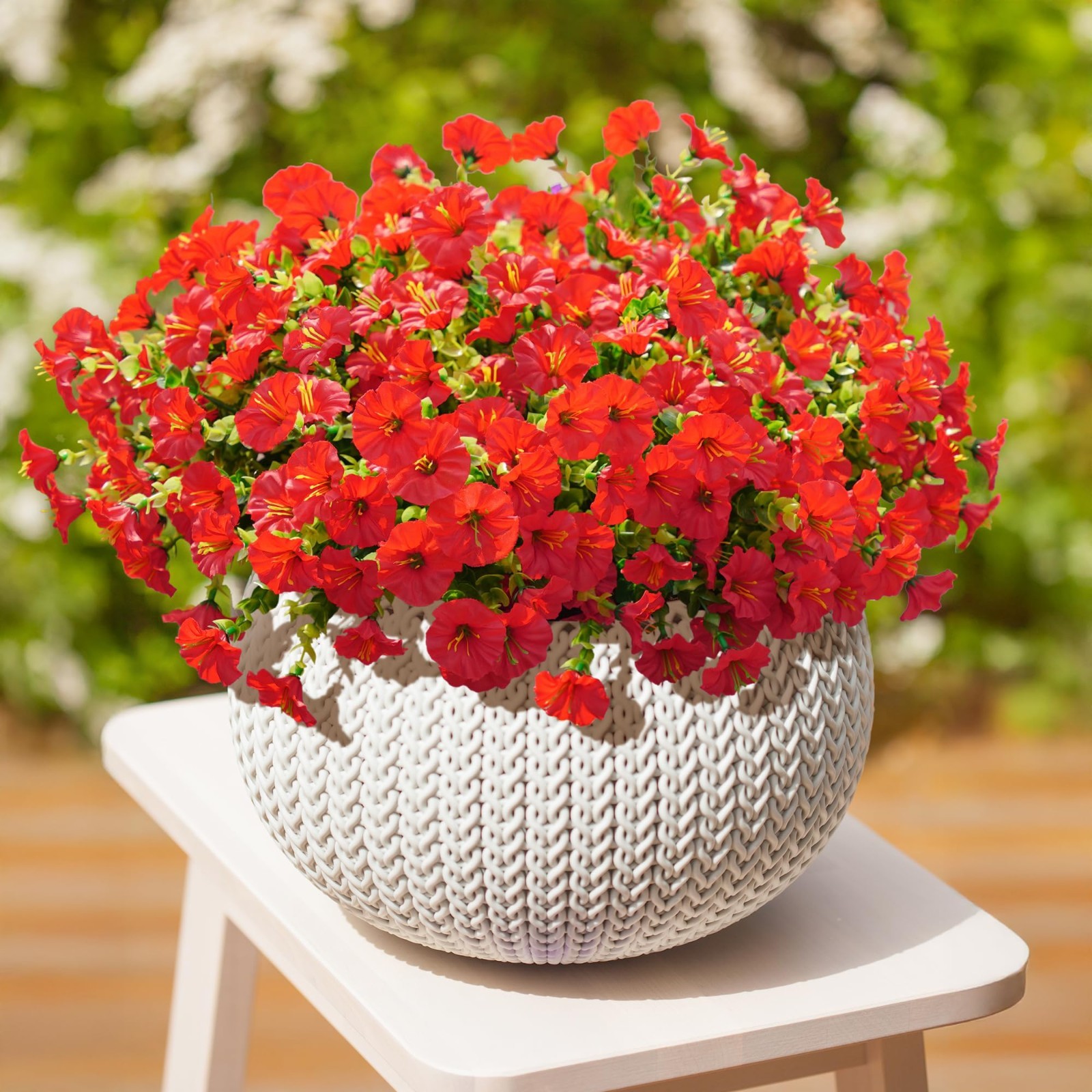 12 Bundles Red Silk Morning Glory & Eucalyptus – UV Resistant Faux Flowers for O