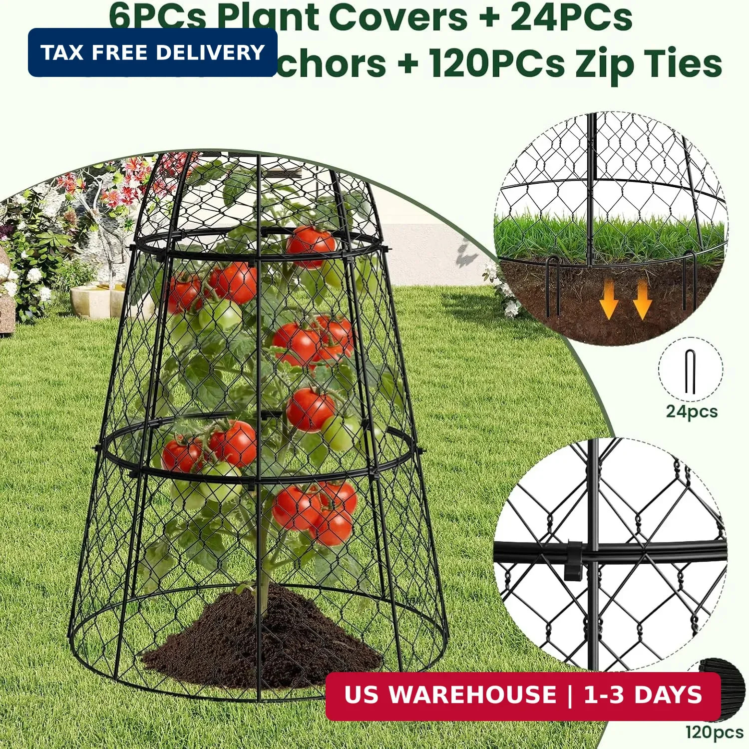 6 Pack Garden Cloche Plant Protectors from Animals, Adjustable 3-Tier Chicken Wi