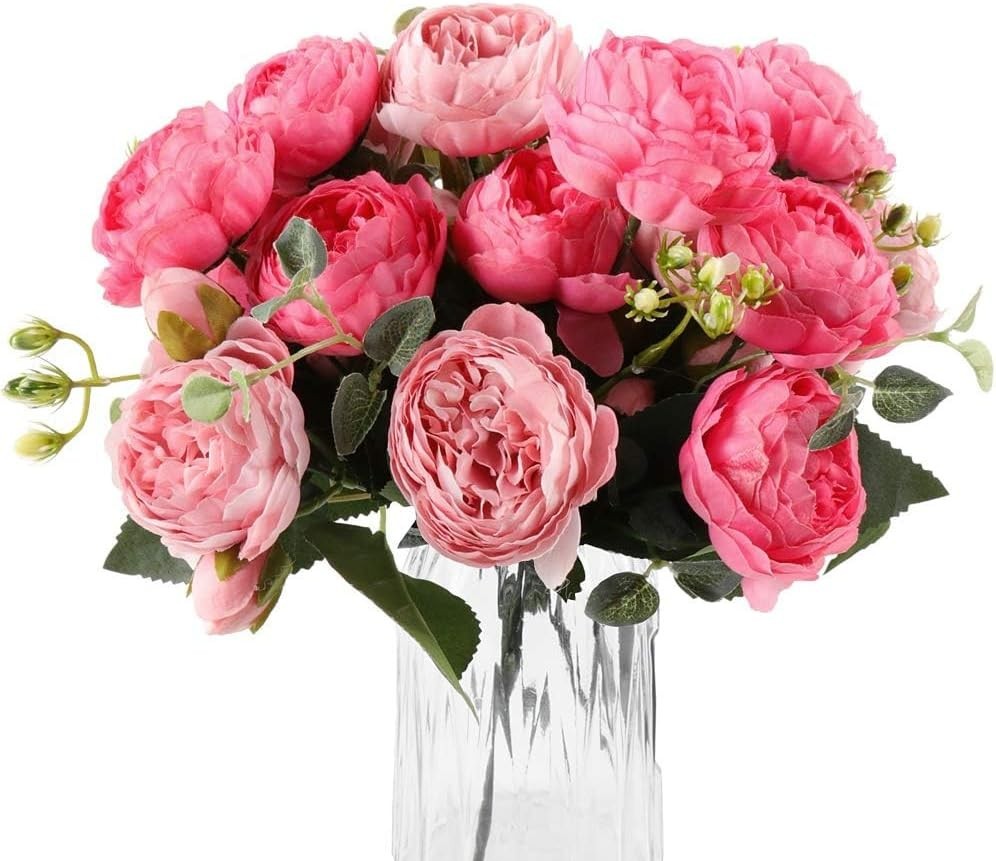 4 Bundles Realistic Silk Peonies Bouquet – Elegant Red & Pink Home Decor