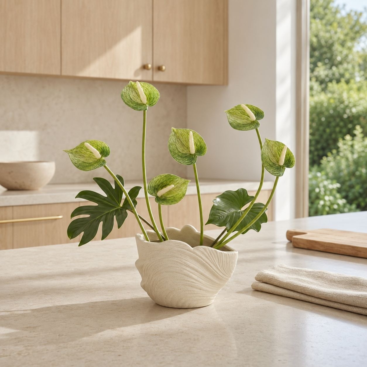 Soft Green Artificial Anthurium Stems, Set of 6, 11 Inch Real Touch Flowers