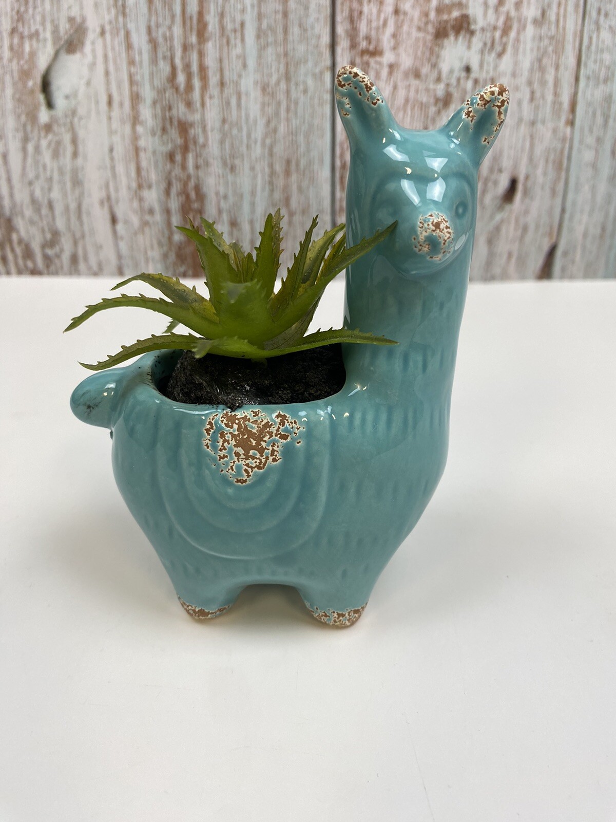 Llama Faux Succulent Blue Planter 4.5″ Home Decor Rustic Farmhouse Cottage – New