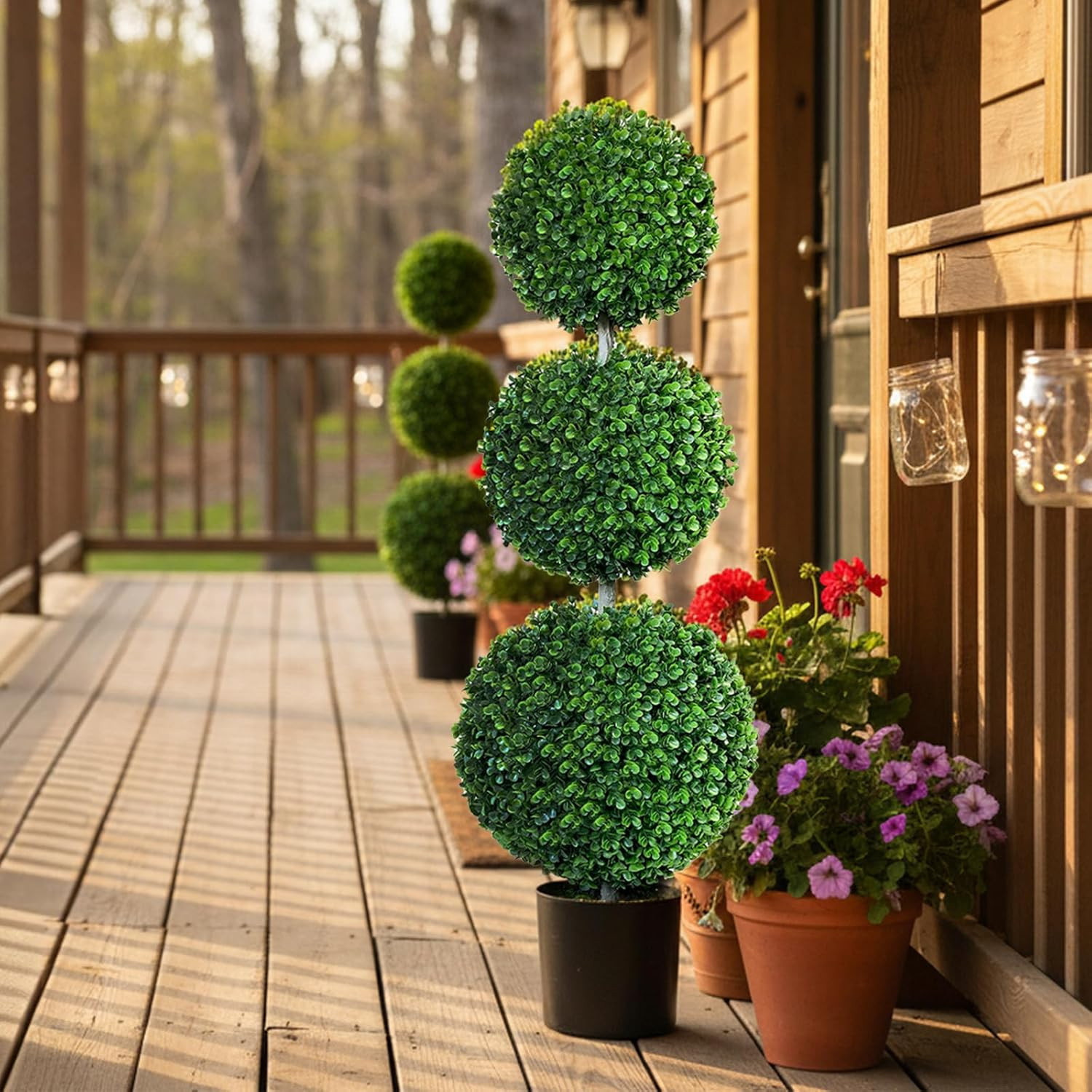 4ft Triple Ball Boxwood Topiary Tree with Black Planter – Indoor/Outdoor Décor