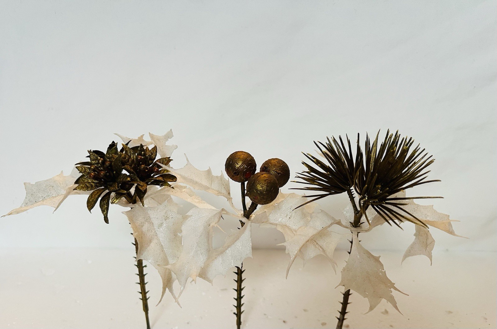 Vintage Gold White Holly Floral Stems Plastic Twig Christmas Decor lot 3