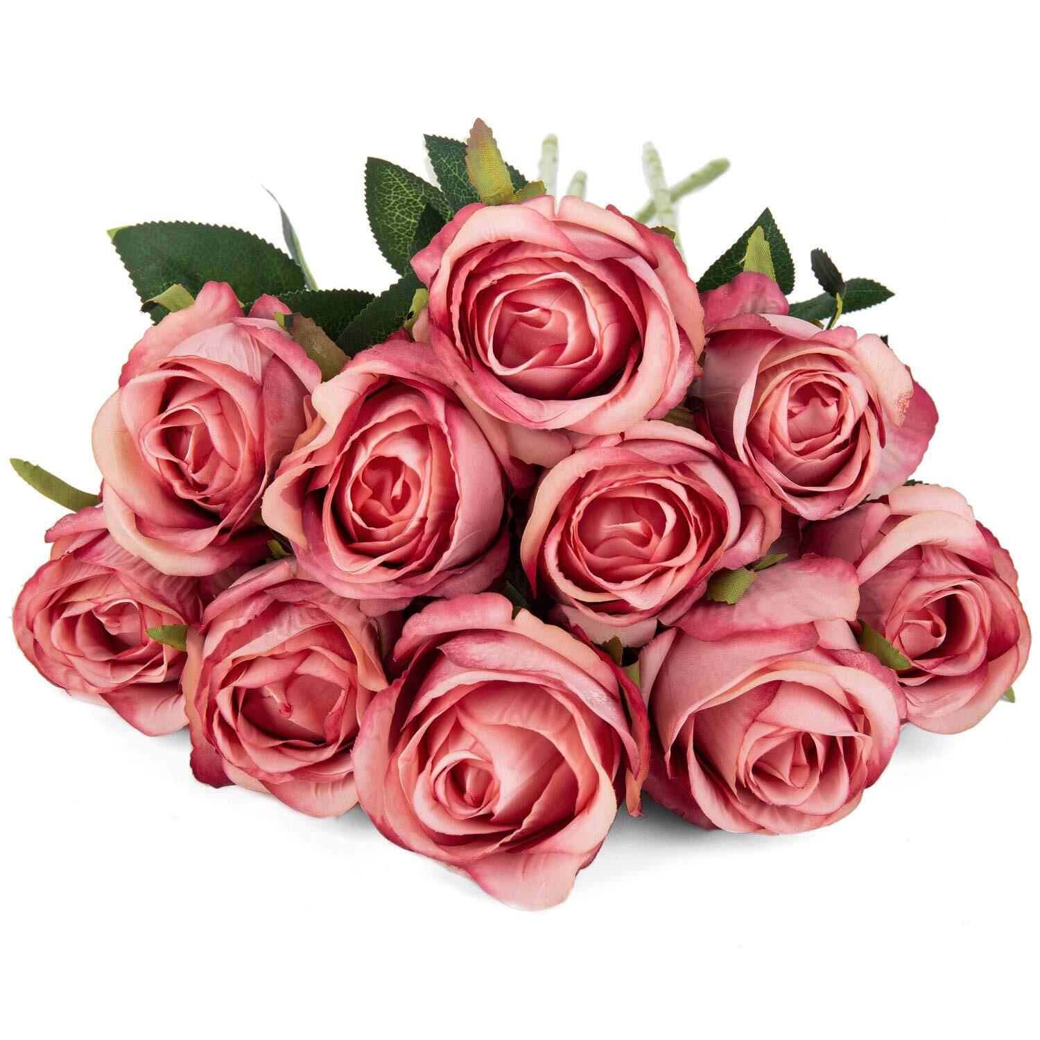 Flojery 10pcs Artificial Rose Flowers Long Stem Fake Silk Roses for DIY Weddi…