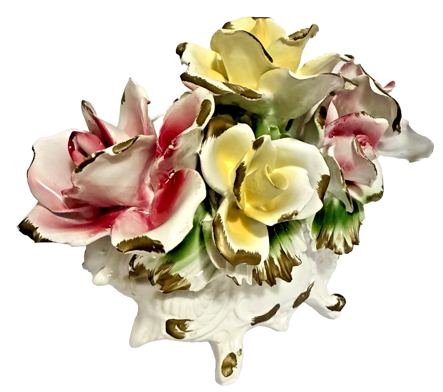 Vintage Capodimonte Italian Porcelain Pink and Yellow Seven Rose Centerpiece