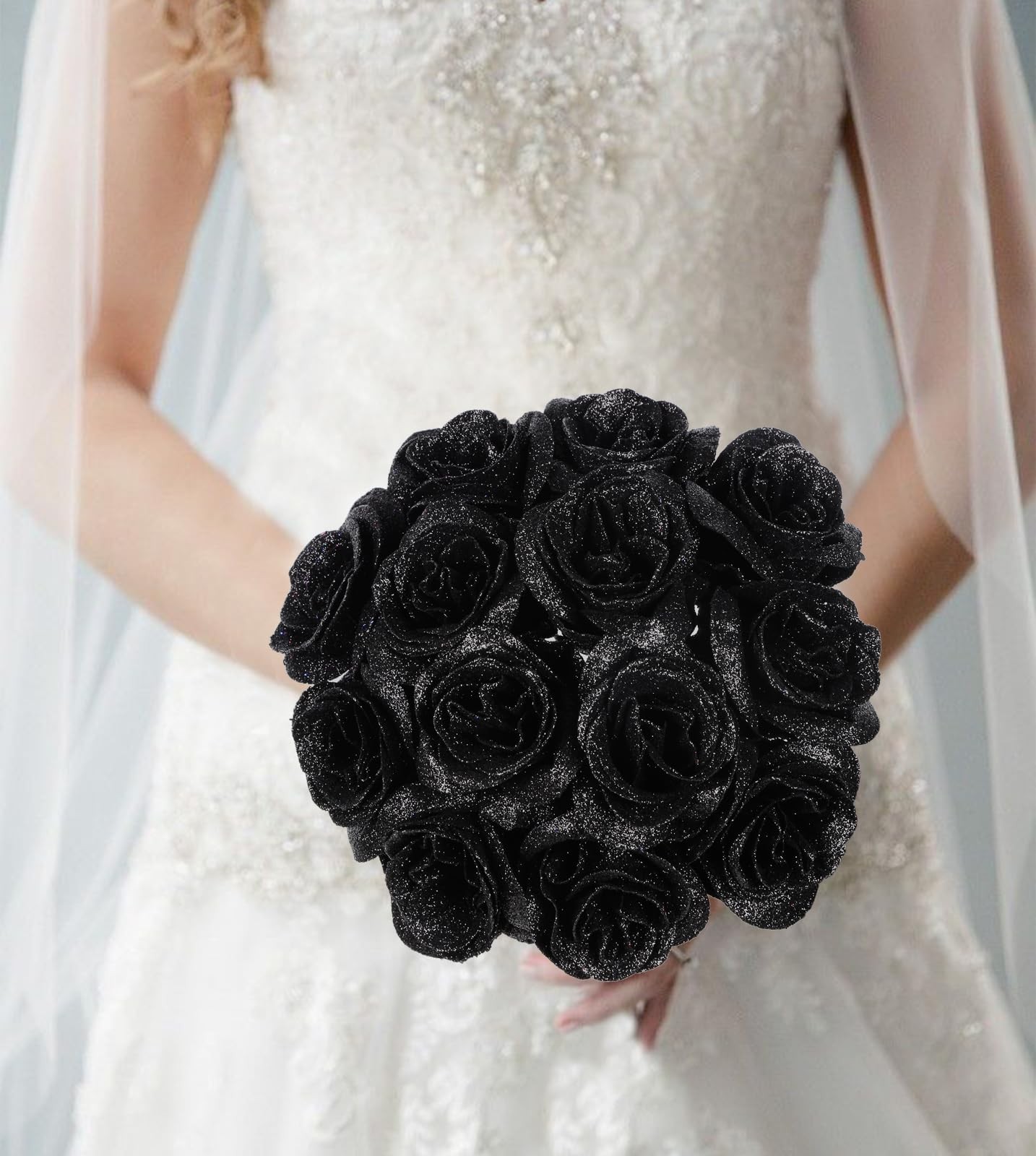 Black Glitter Roses,30PCS Fake Roses Flowers Artificial Roses with Stems for …