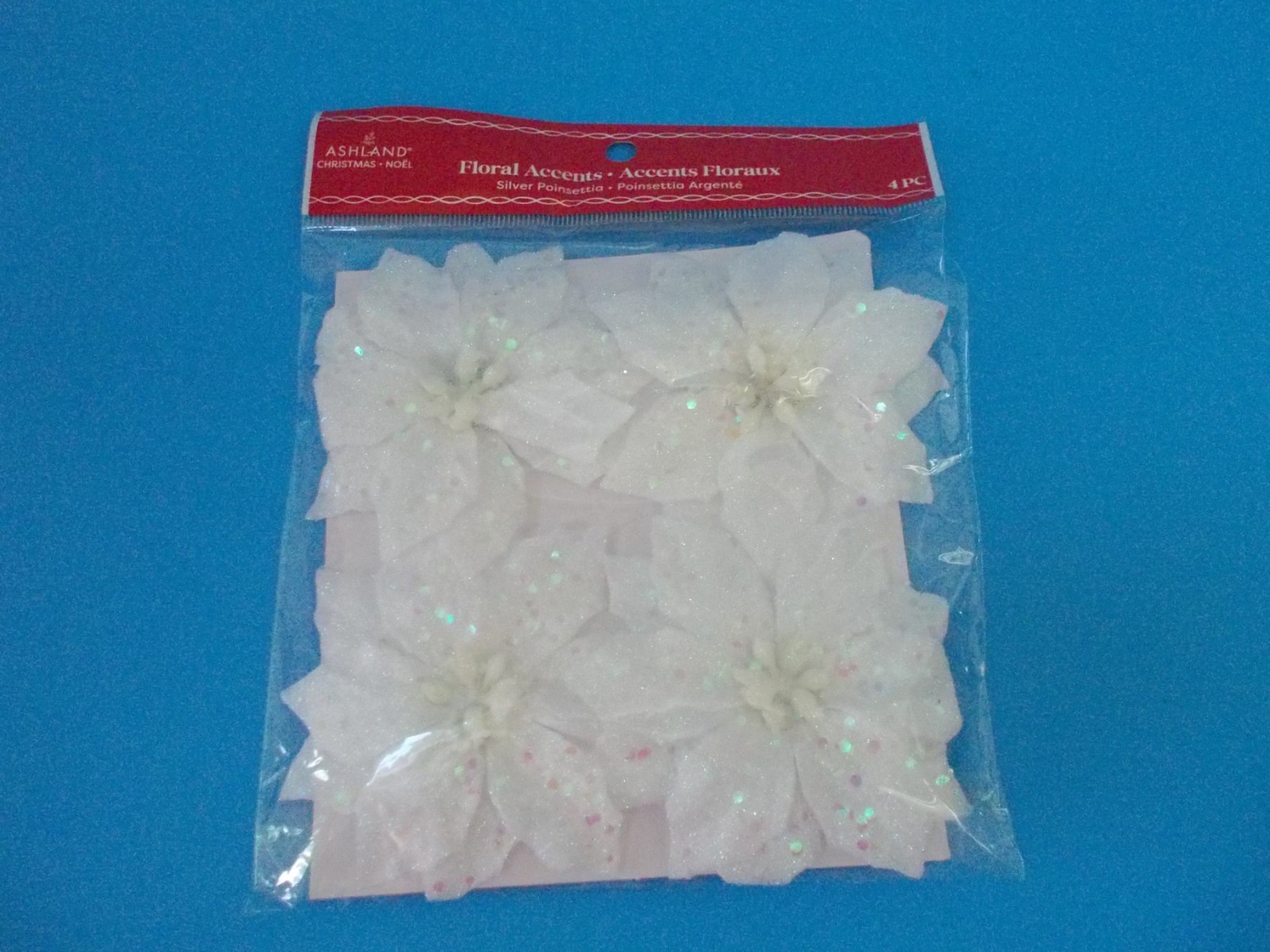 NEW ASHLAND Set of 4 White w/ Silver Poinsettia Floral Accents Wreaths Decor