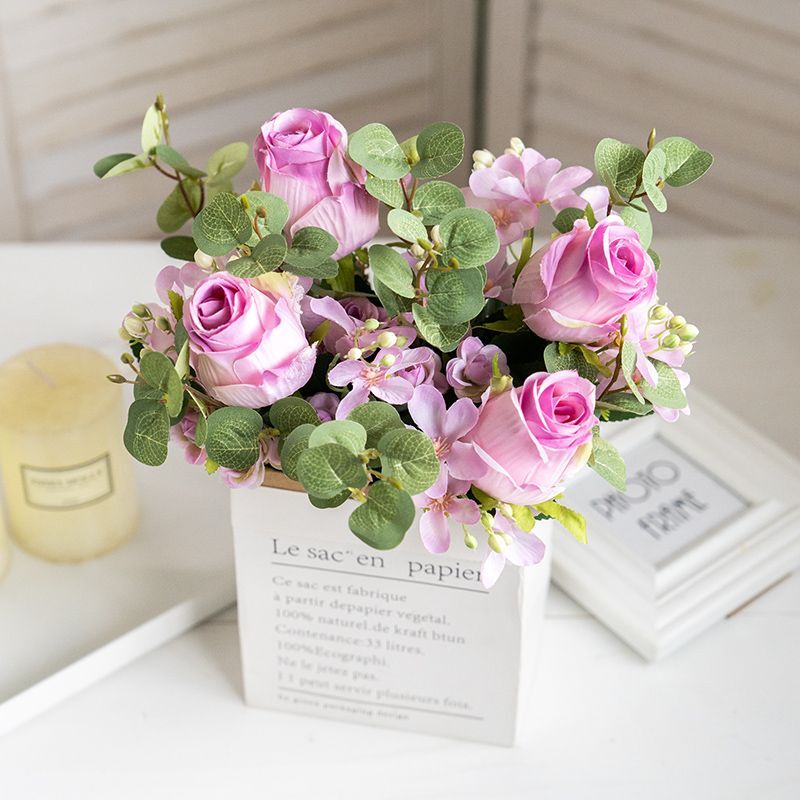 Artificial Rose And Eucalyptus Flower Bouquet High Quality Home / Wedding Decor