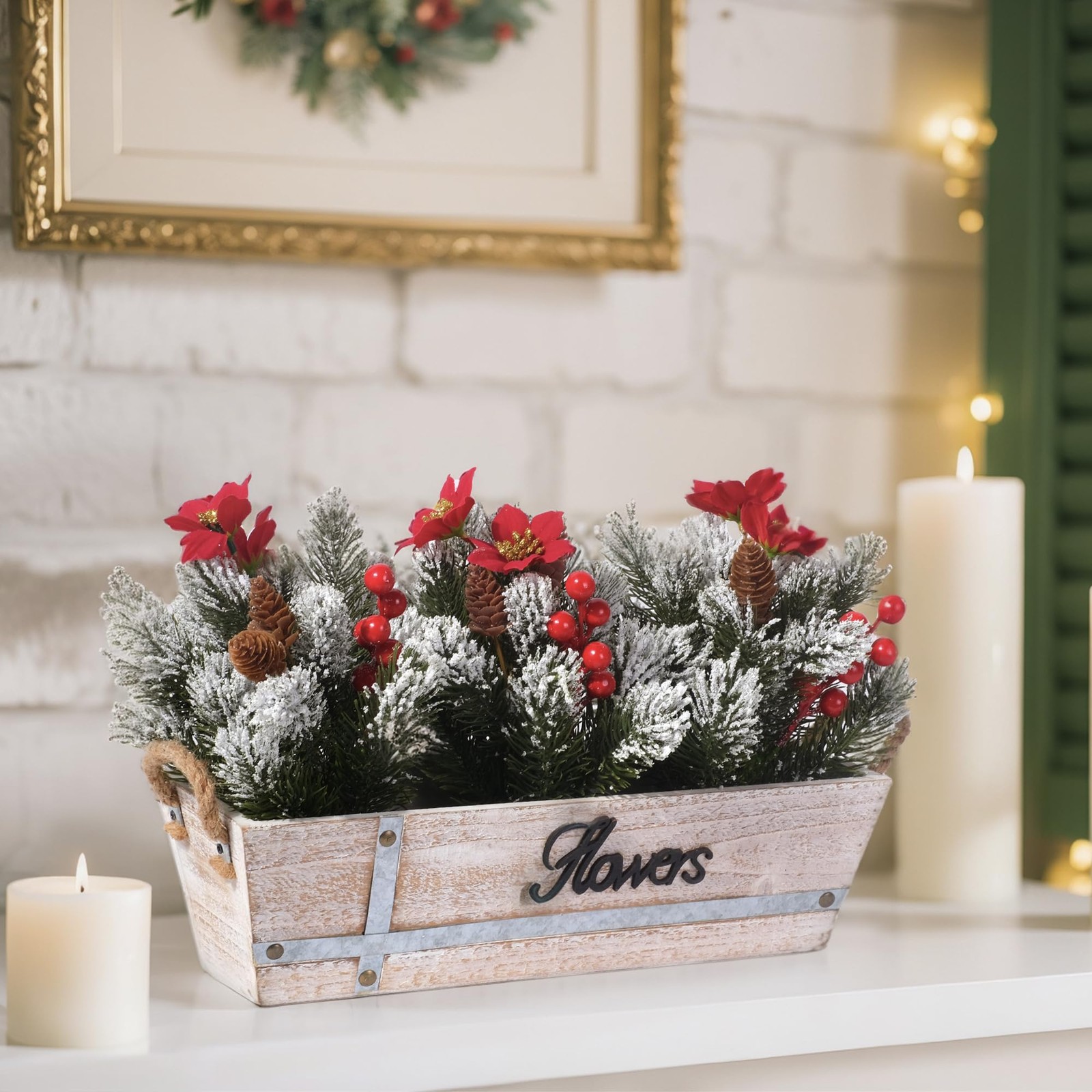 Artificial Christmas Centerpiece with Snowy Norfolk Pine Garland, Poinsettias…