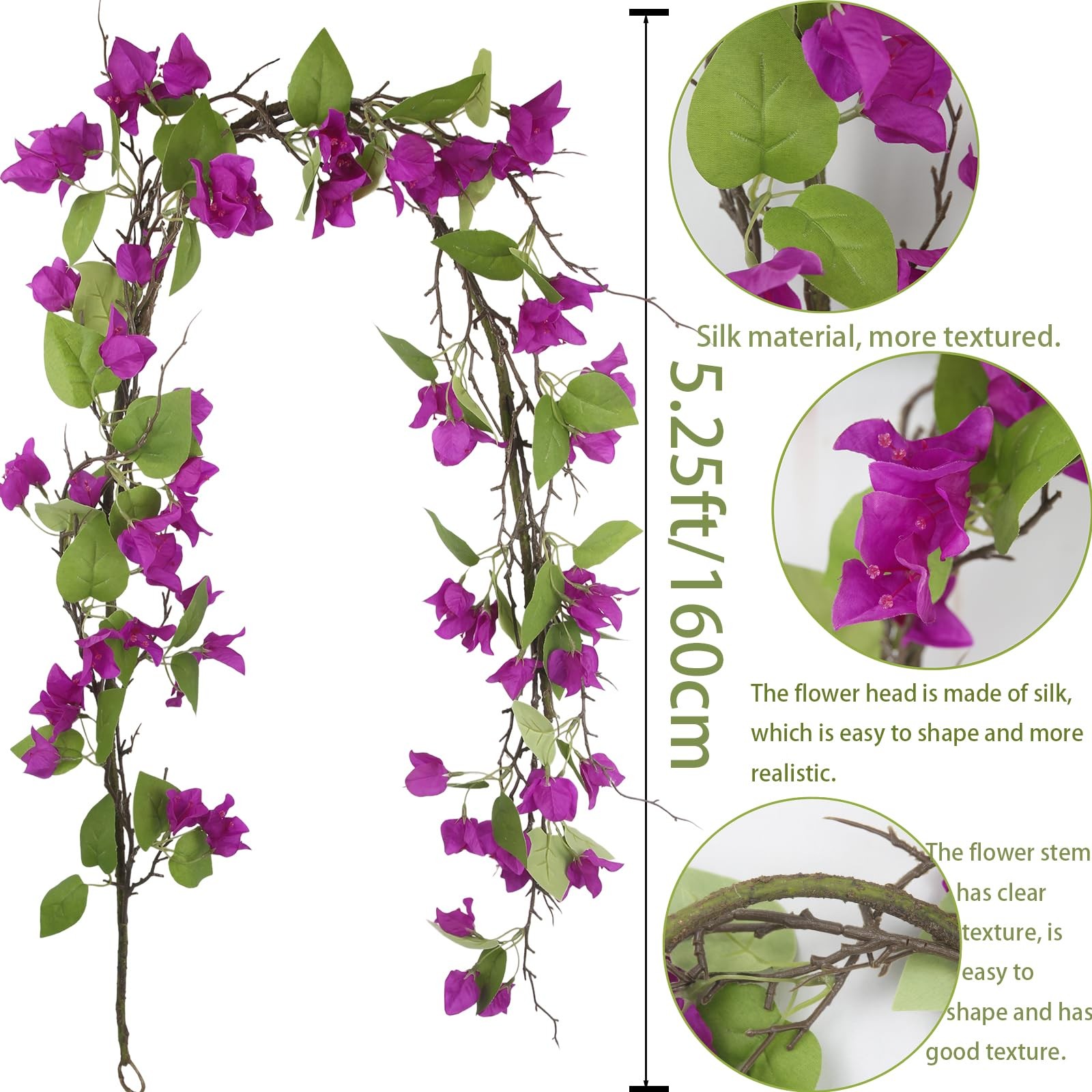 CITYES Artificial Bougainvillea Flowers Garland Purple 5.3 FT/160cm,