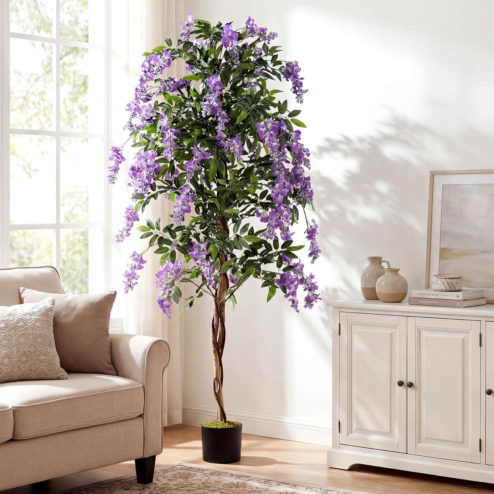 6 FT Artificial Wisteria Tree Set of 2 w/Natural Trunks Purple Lifelike Flowers
