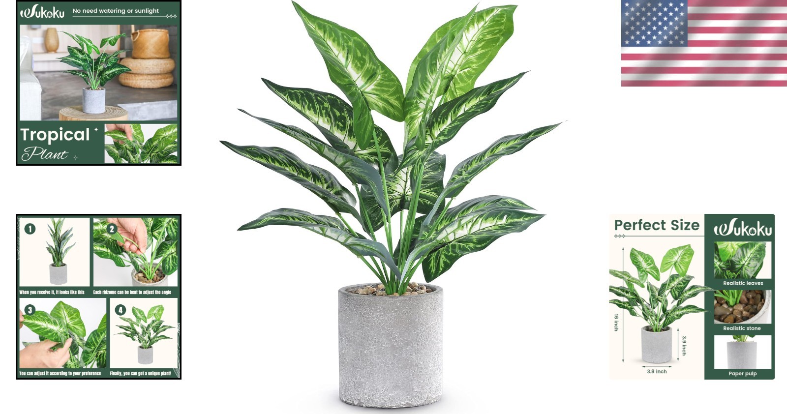 16-Inch Artificial Tropical Faux Plant for Stylish Indoor Decor – Sage Green