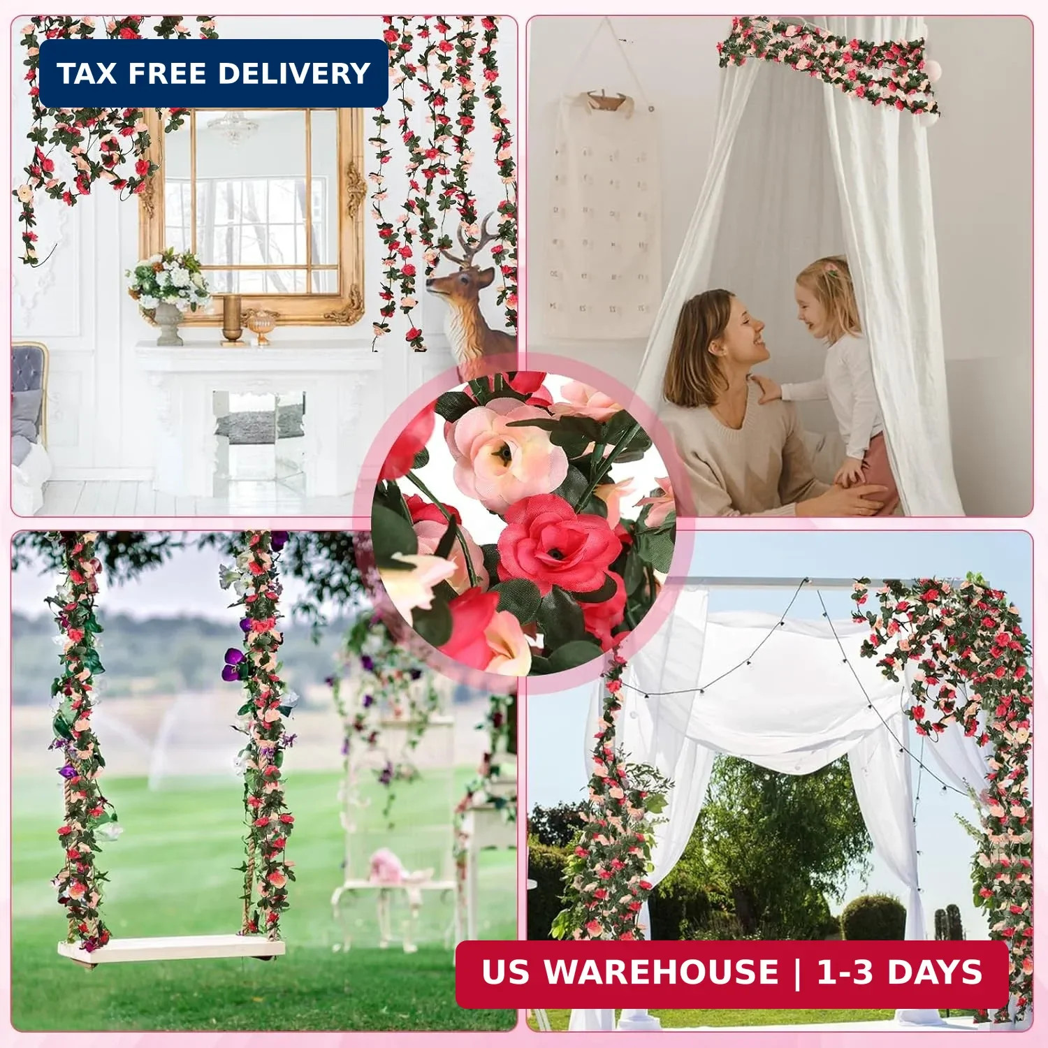 8 Pcs 65.6FT Flower Garland,Rose Garland,PinkFlower Vines for Decoration, Weddin