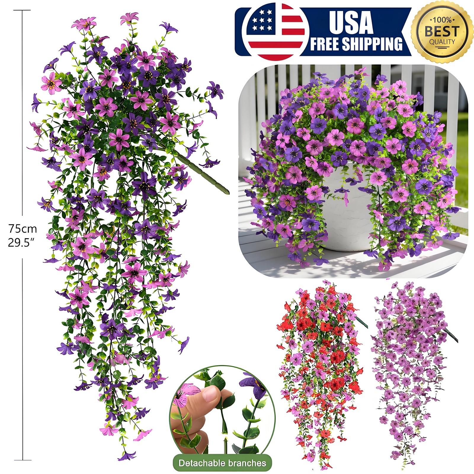 6Pcs Artificial Hanging Flowers for Outdoors Faux Plants Spring Porch Decor USA