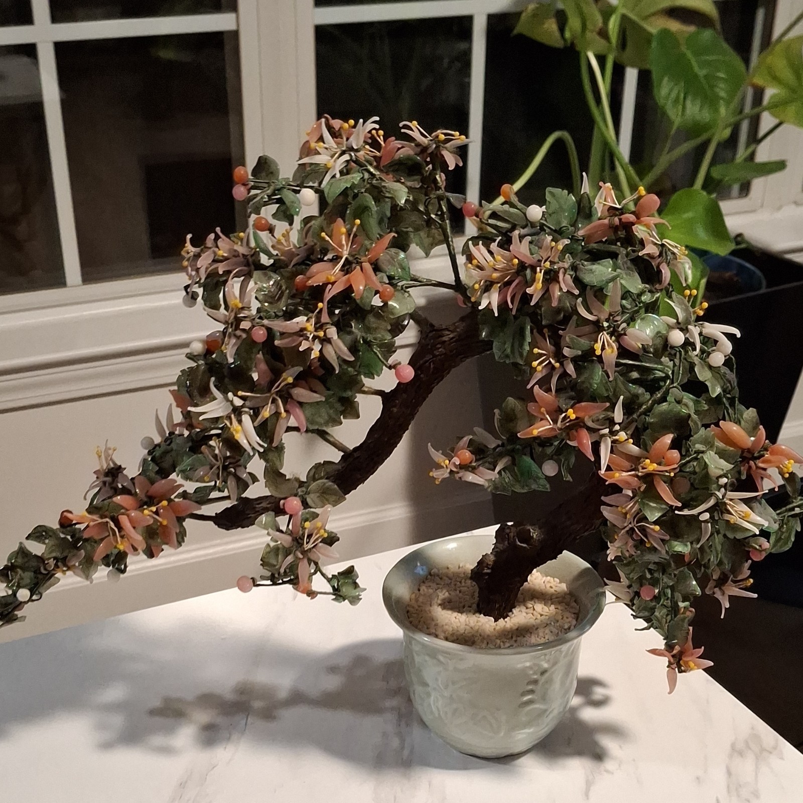 Vintage XLarge Chinese Jade Quartz Bonsai Tree Celadon 19×36” CHERRY Blossoms.