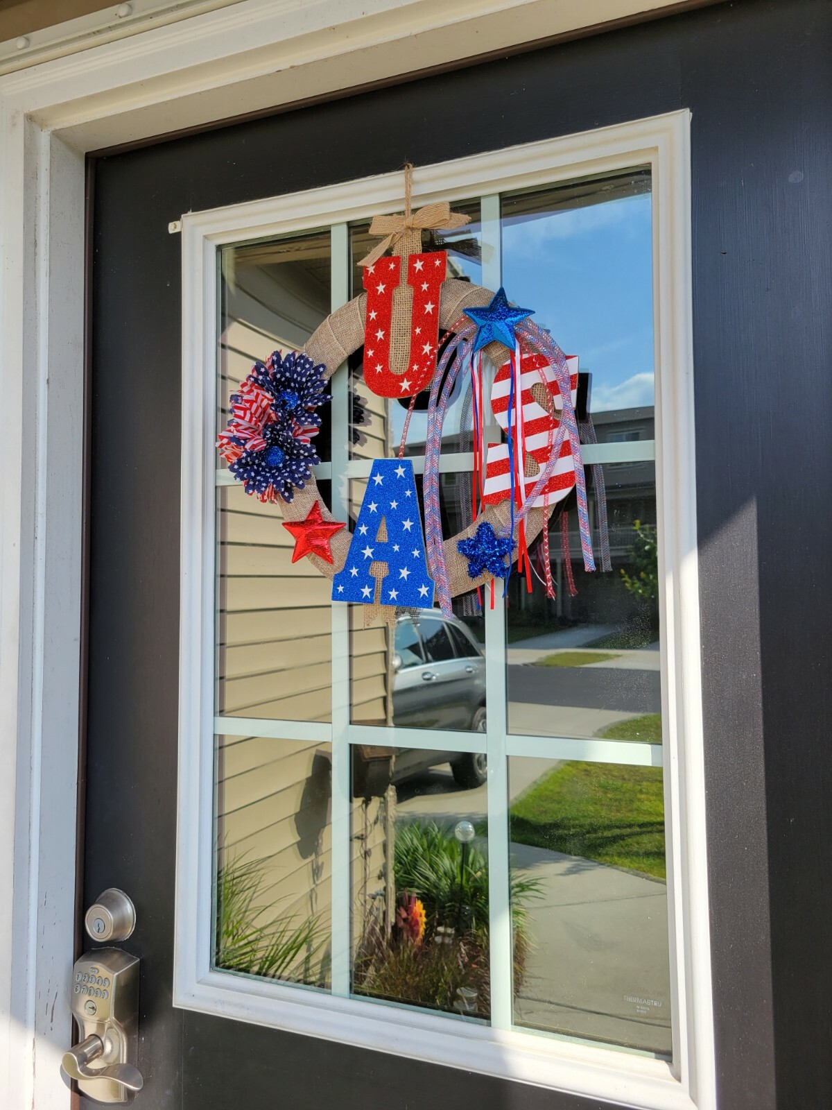 USA sparkling red white blue burlap Door WREATH patriotic 4th of July fireworks