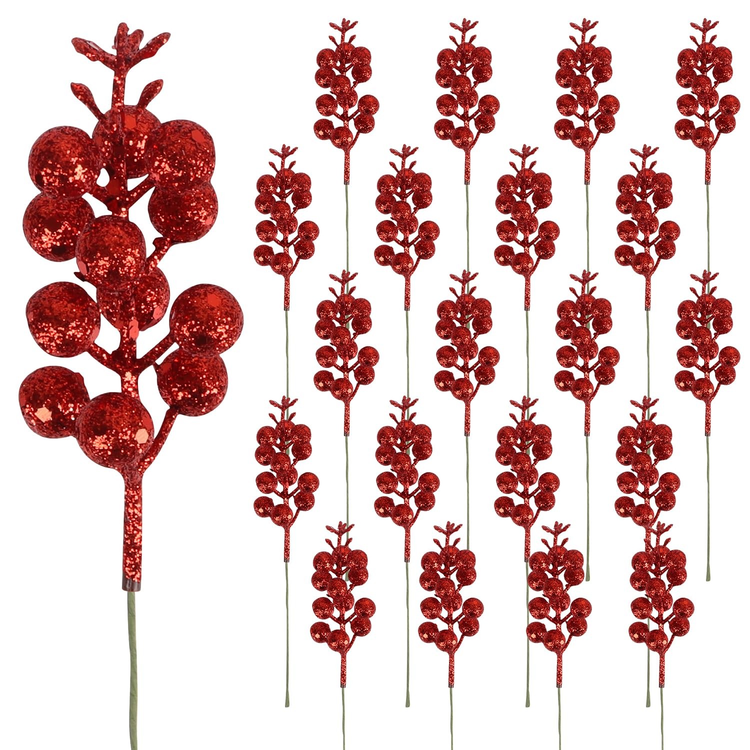 CCINEE 20pcs Glitter Christmas Red Berry Stems,7.8Inch Xmas Artificial Glitter B