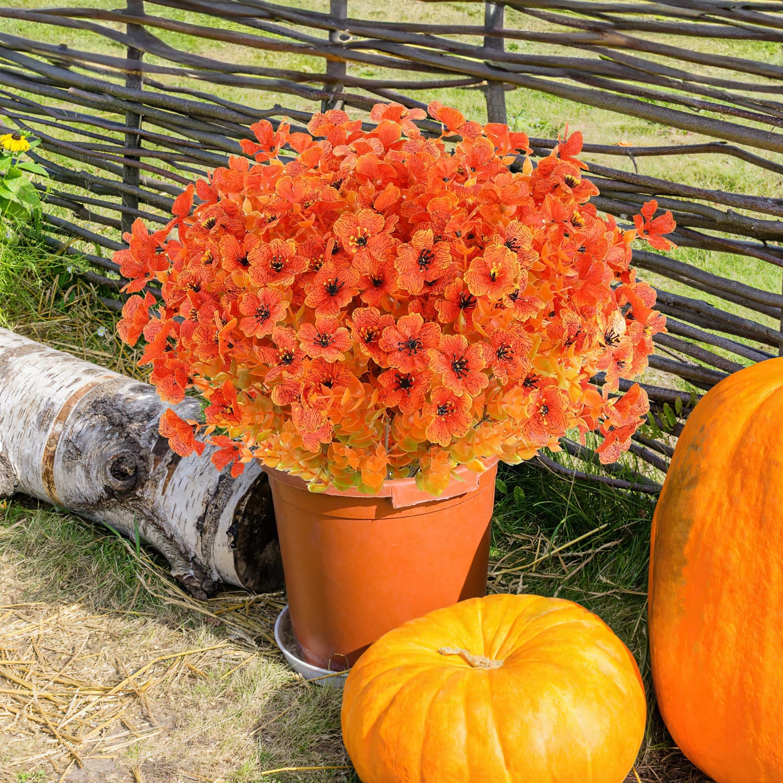 AmyHomie 16 Bundles Orange Artificial Fall Flowers for Outdoors Fall Decor