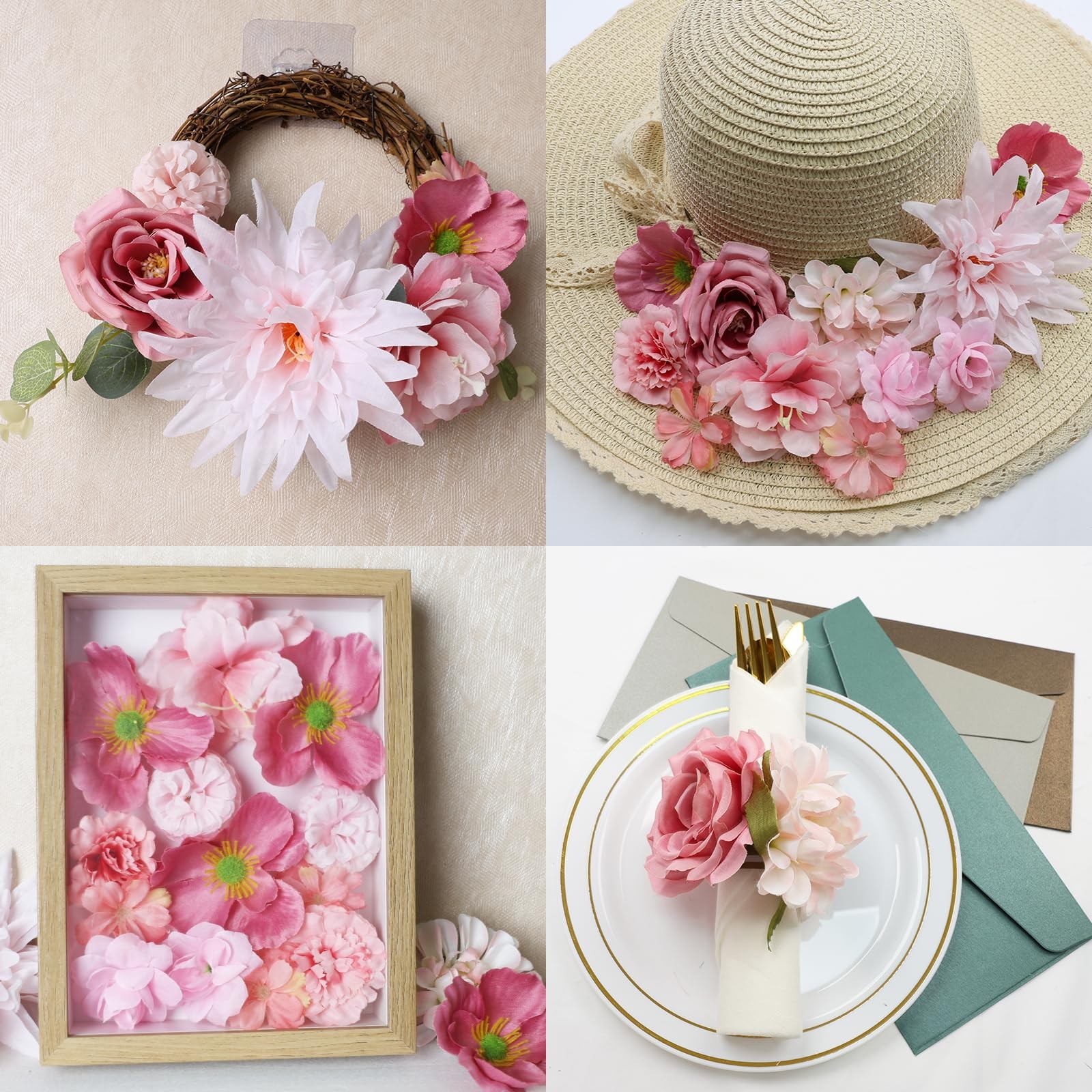 56 PCS Pink Fake Flower Heads Bulk Silk Flowers Crafts Mini Wreath Wedding Decor