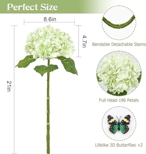 4 Pcs Hydrangea Artificial Flowers, 2 Green & 2 White Real Touch Flowers, 21″