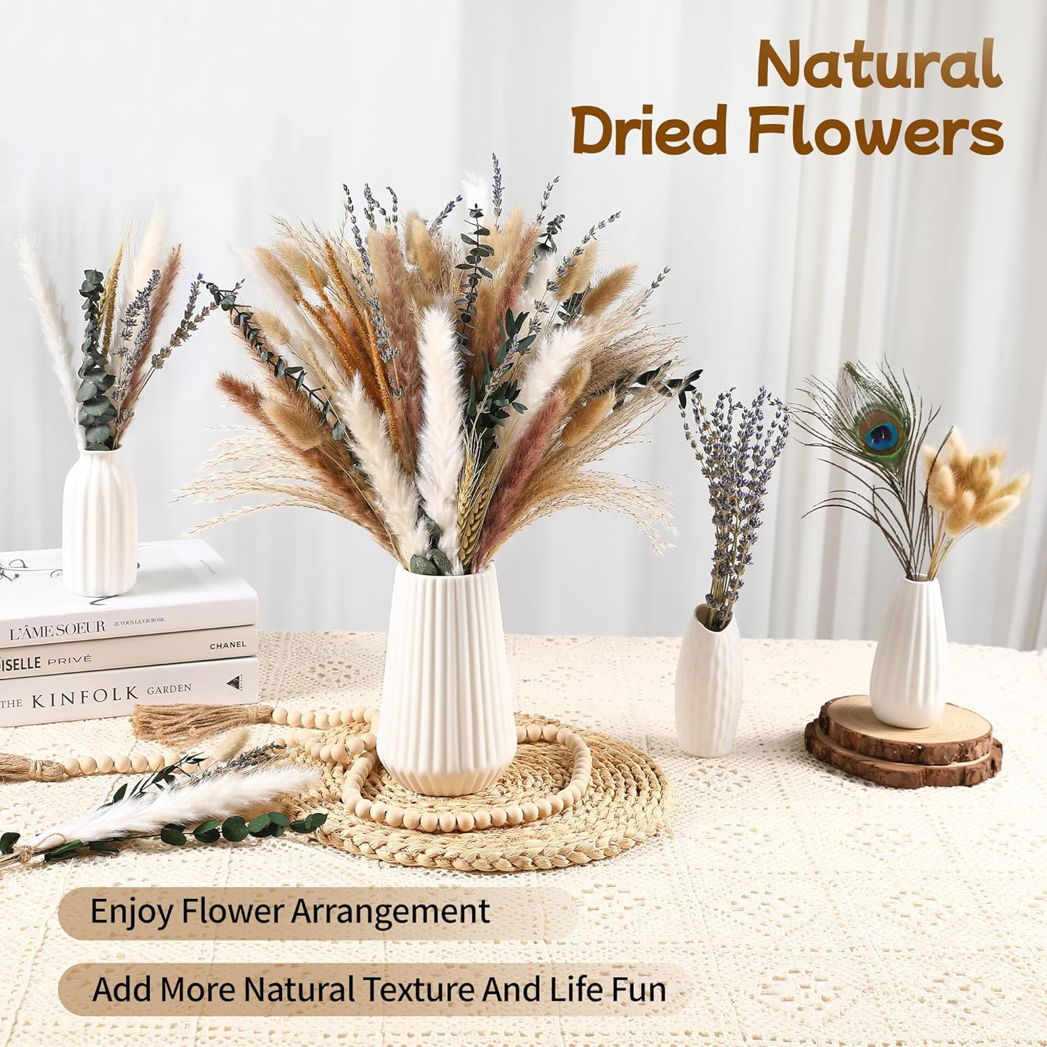Dried Pampas Grass Bouquet – 92 Pcs 11-13 Inch Pampas Grass Decor with Bunny Tai