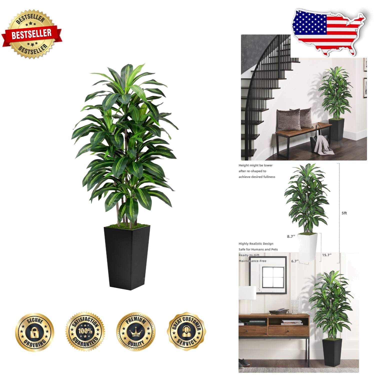 Vibrant 5ft Dracaena Tree, Realistic Silk Plant, Easy Care, Black Pot