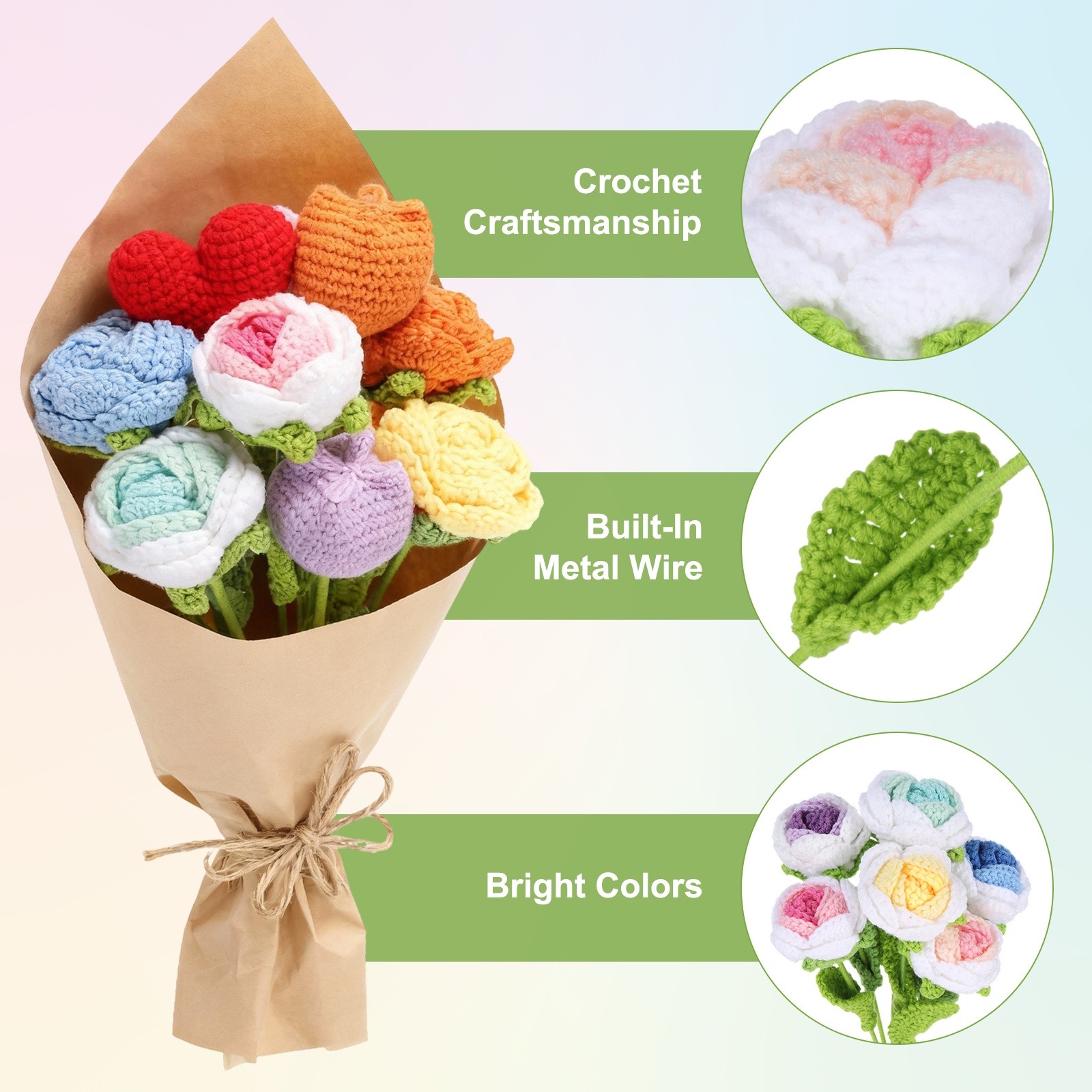 6Pcs Crochet Flower, Rose Handmade Knitted Bouquet, Pink Gradient