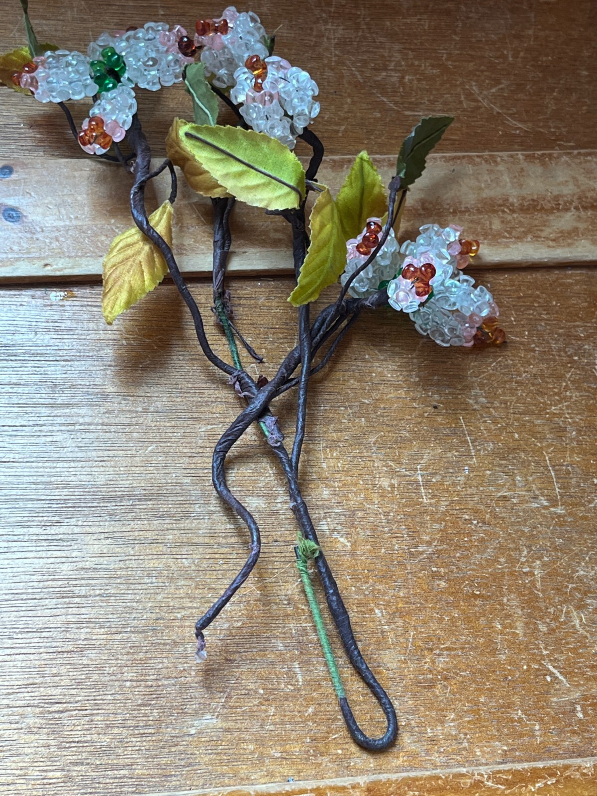 Hand Made Clear Pink & Orange Plastic Flowers w Green Silk Leaves –