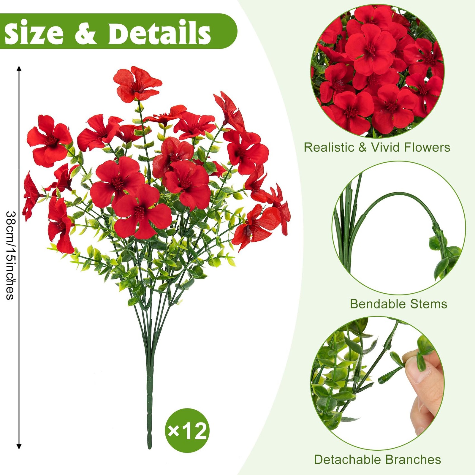 12 Pcs Artificial Geranium Flowers for Outdoors, Silk Fake Flowers with Eucal…