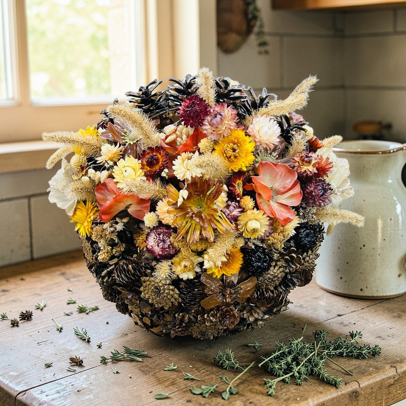 decorative Rustic Primative dried flower arrangement designed for home decor.
