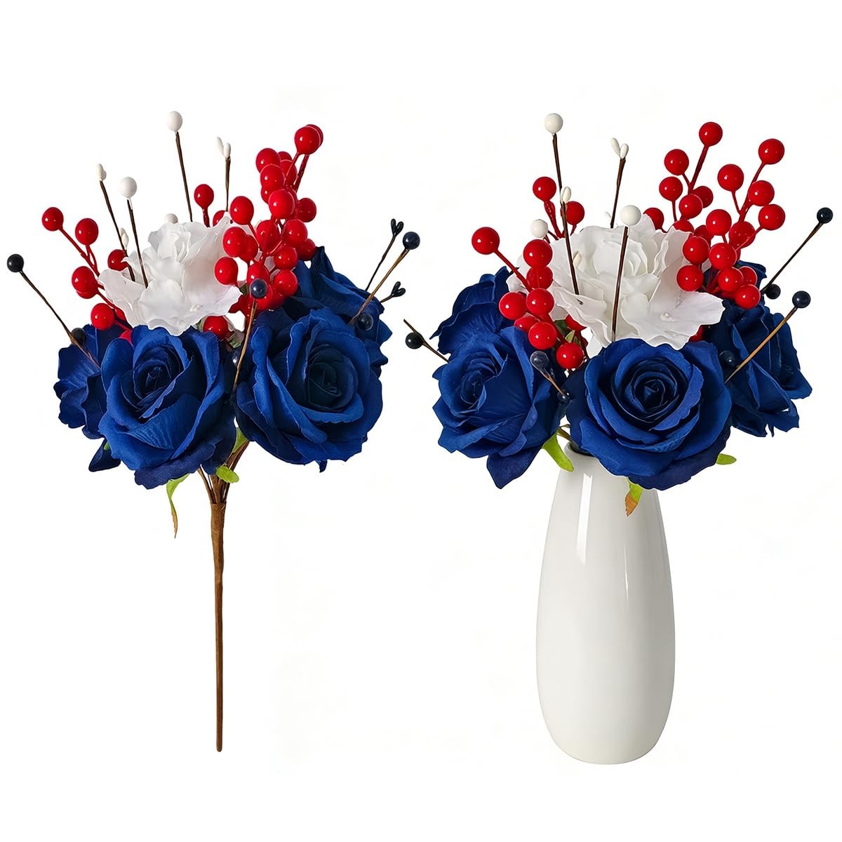 Patriotic Artificial Rose Flowers Berry Stem Picks Red White Blue Silk Floral…