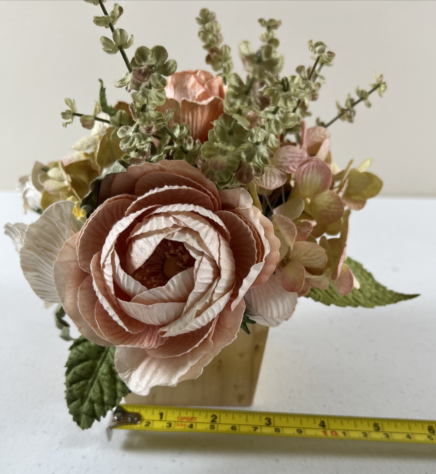 Paper Flower Arrangement With Wooden Base Hydrangeas And Roses Peach Color