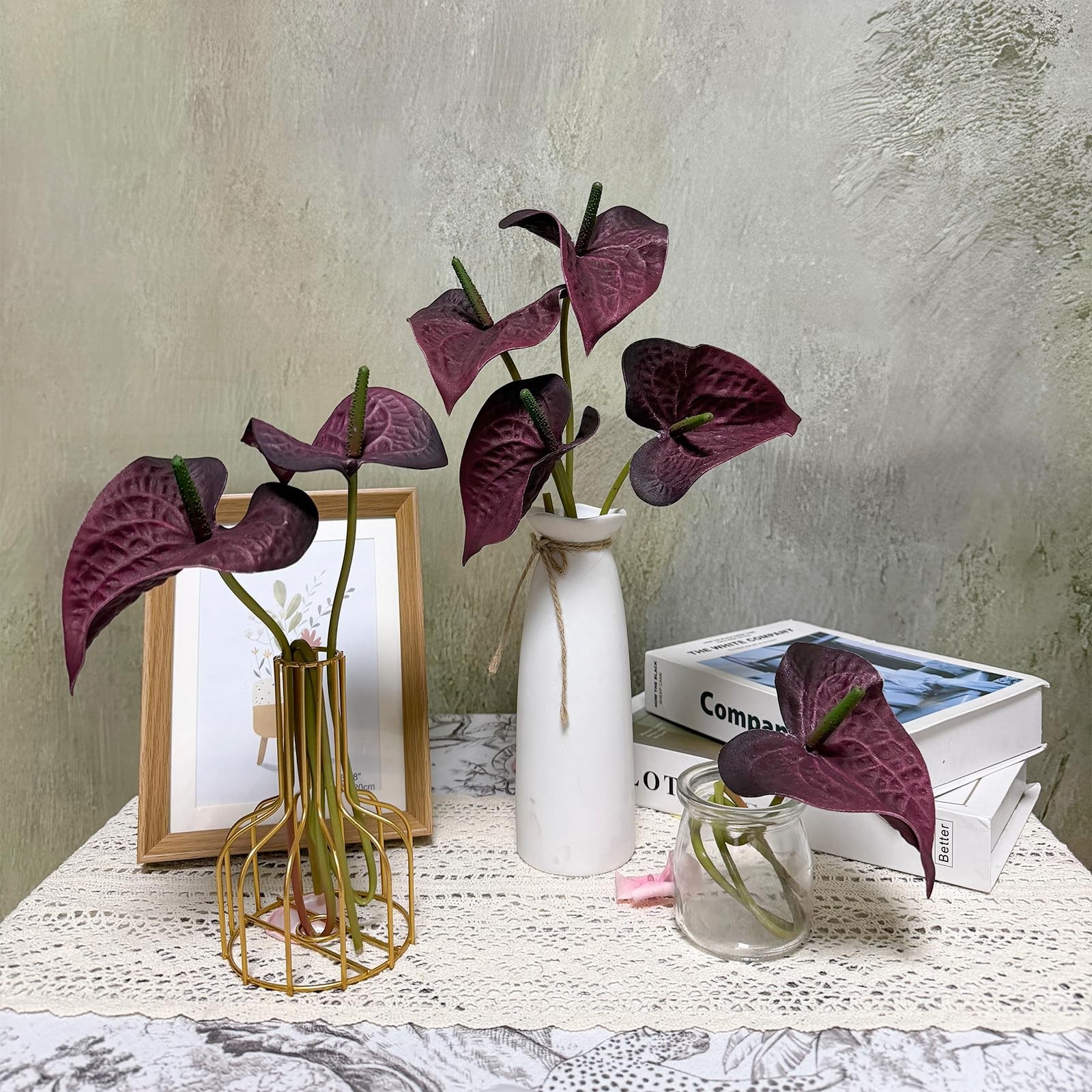 10pcs Burgundy Anthurium Artificial Flowers, 23.6″ Burgundy Flowers Artificia…