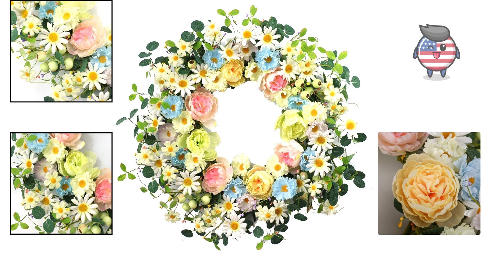 24″ Colorful Floral Wreath – Artificial Daisy & Rose for Spring/Summer Decor