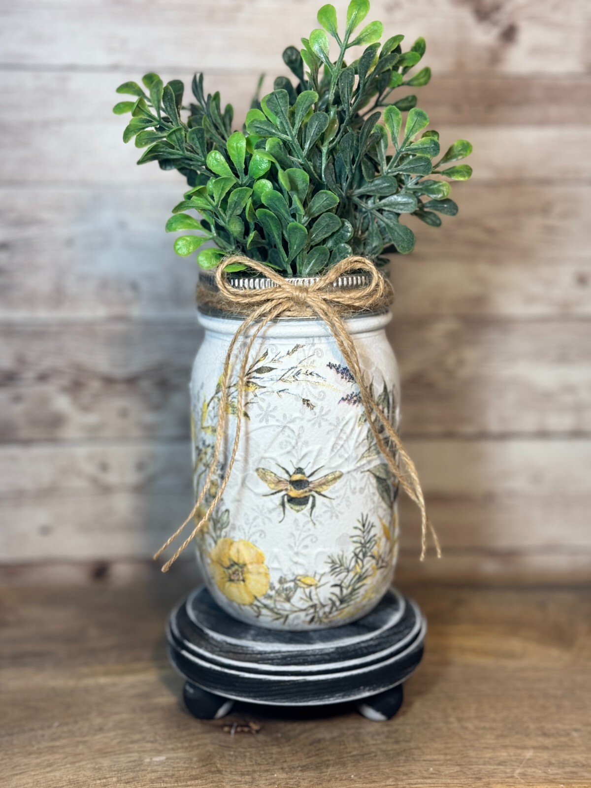 Rustic Farmhouse Mason Jar Vase, Cottage Decor, Decoupage Honey Bee Wildflowers