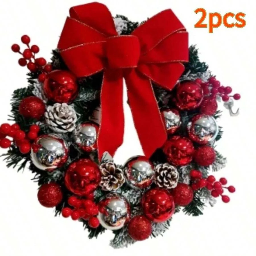 45cm/17.7in Christmas Wreath Front Door Flocked Pine Red Bow