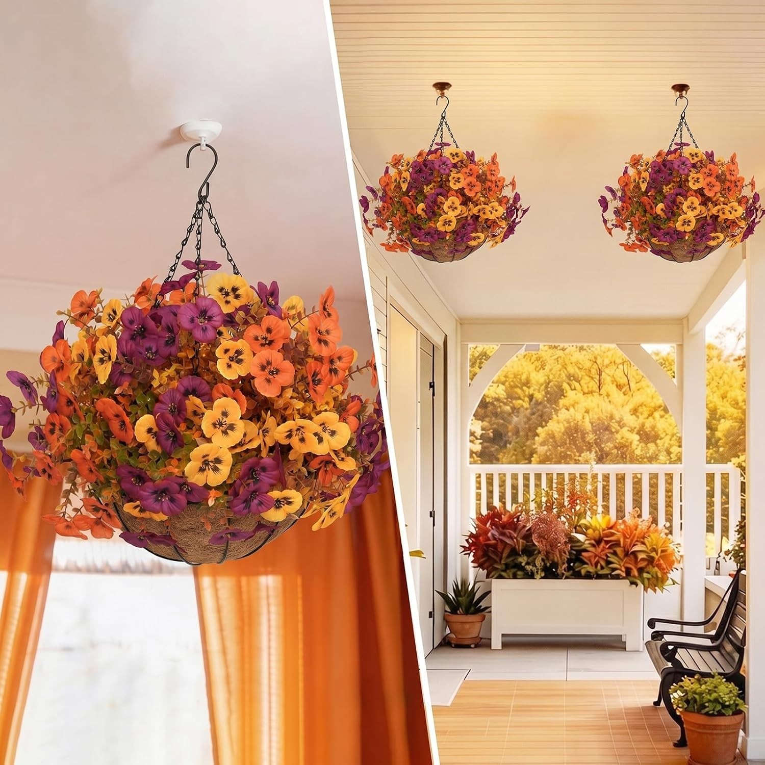 Elegant 2 Set Artificial Hanging Flower Baskets for Autumn Outdoor Charm