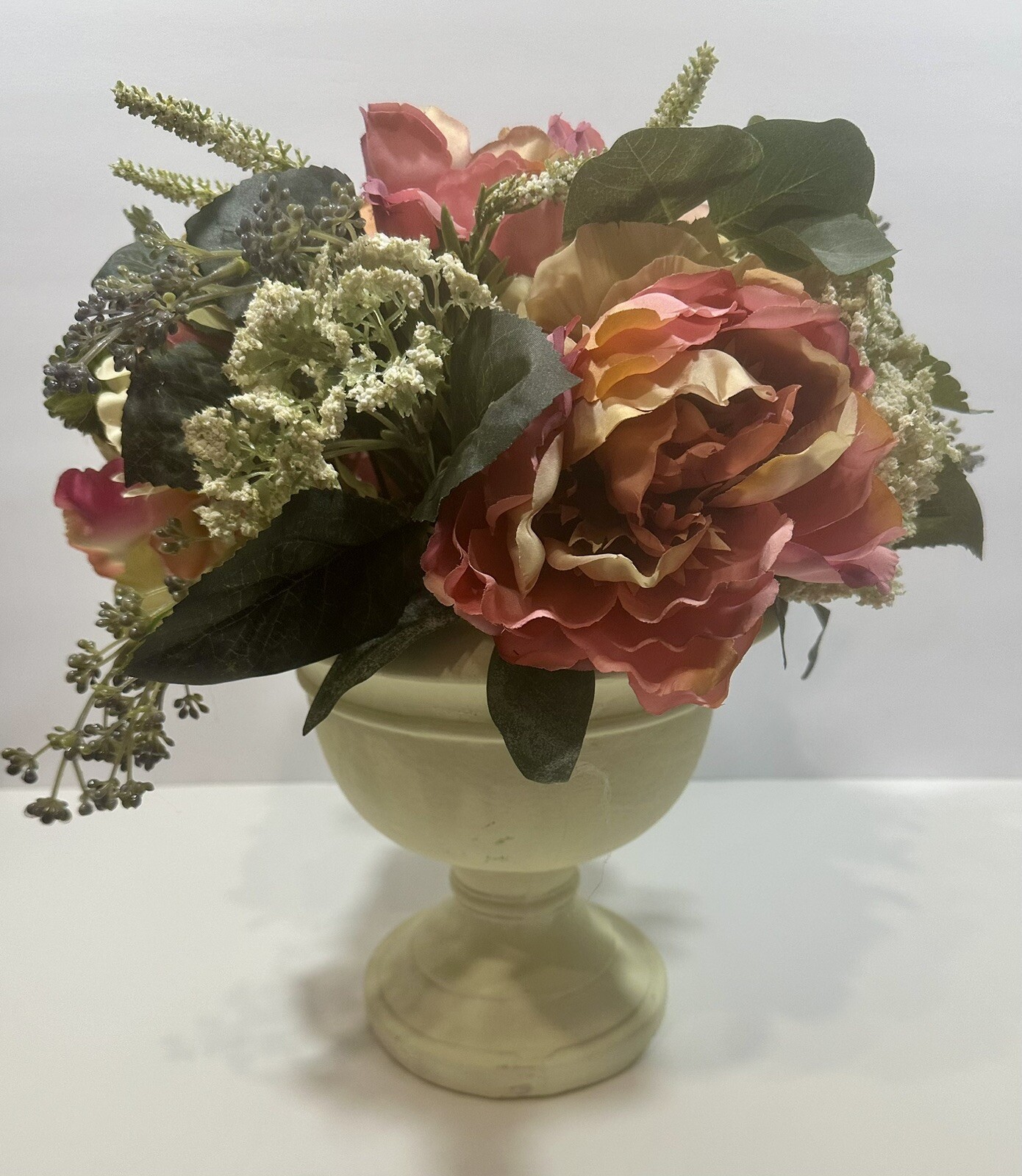Artificial Spring Floral Bouquet in Stone Urn 14″ Faux Silk Centerpiece