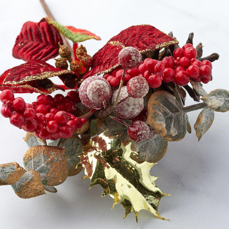 Bulk Lot of 12 Festive Artificial Poinsettia and Berry Holiday 8″ Floral Picks