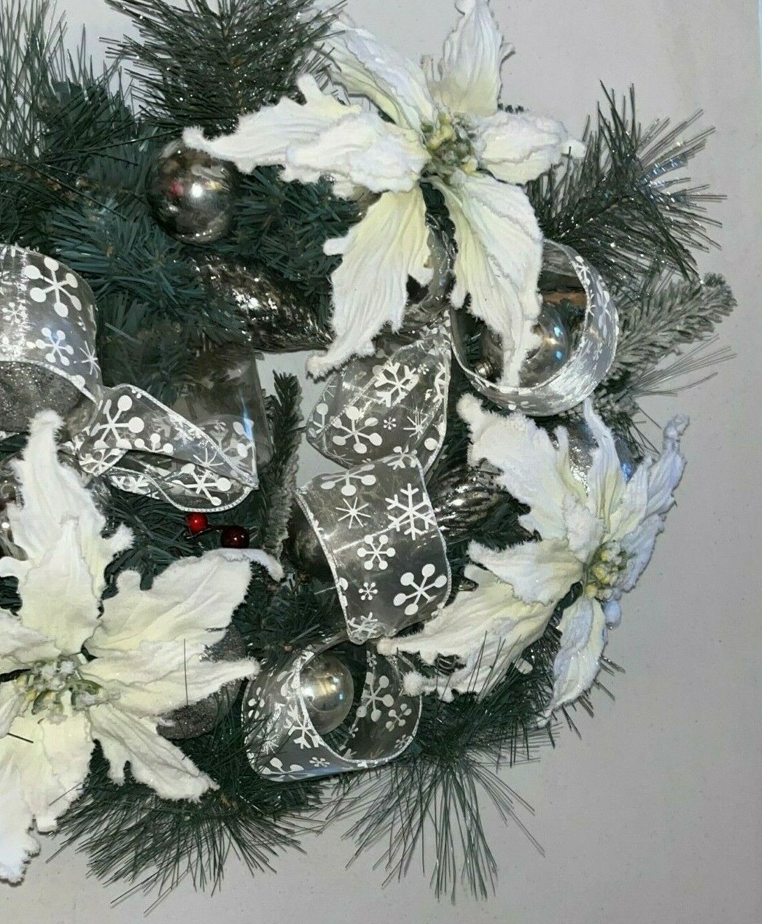 Gorgeous Winter / Christmas Wreath for Front Door With White Flowers and Ribbon