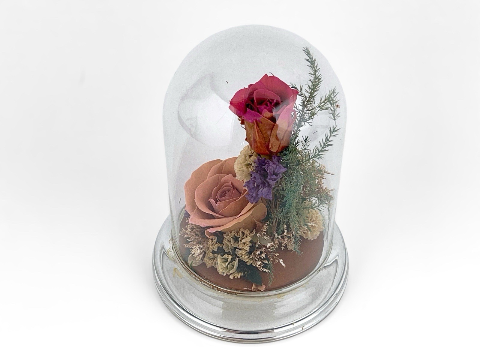 Vintage Dried Pink Rose Flower Arrangement Preserved in 5″ Glass Dome