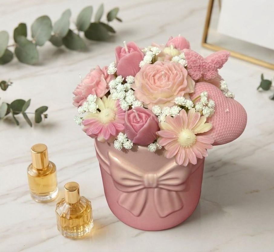 Artificial Pink & White Flower Centerpiece in Pink Bow Pot, Roses