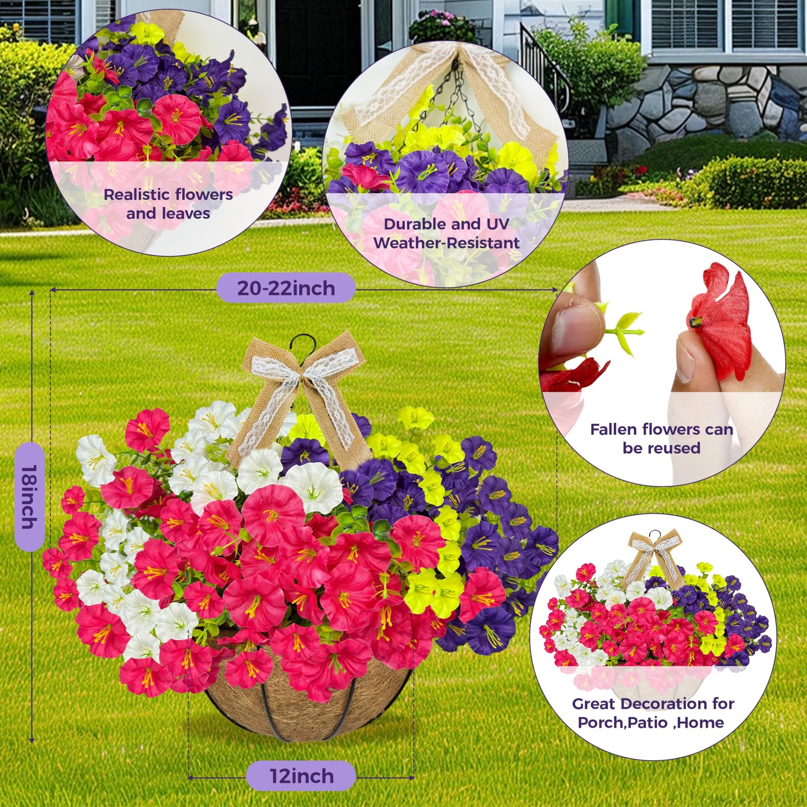 2-Pack Artificial Hanging Flower Baskets with Morning Glory & Linen Bows, Fak…