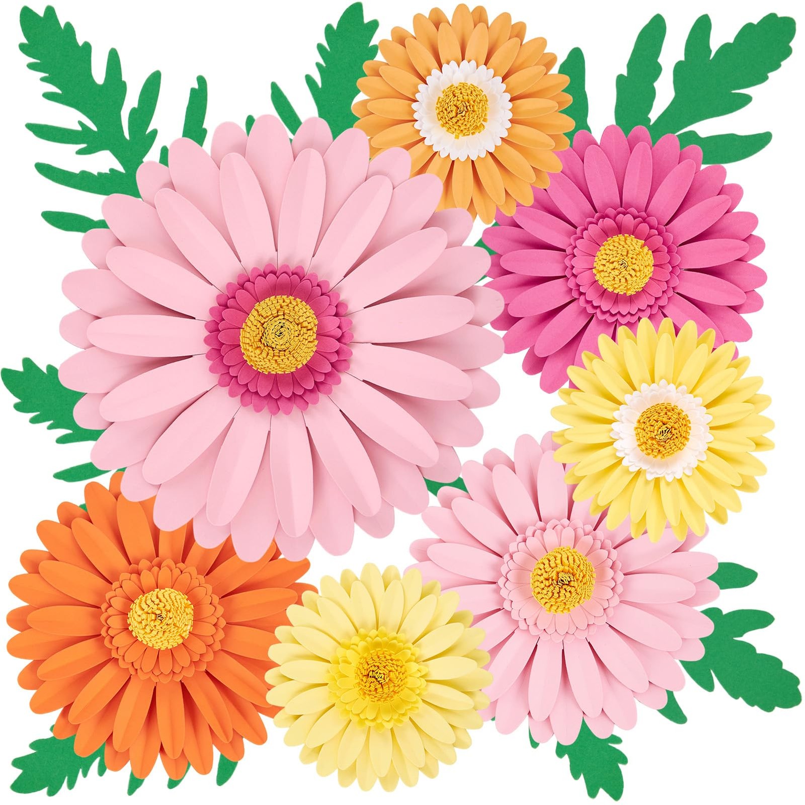 3D Paper Flowers Daisy Wall Decor Set Pink Orange Green Leaves 17pc 10in Large