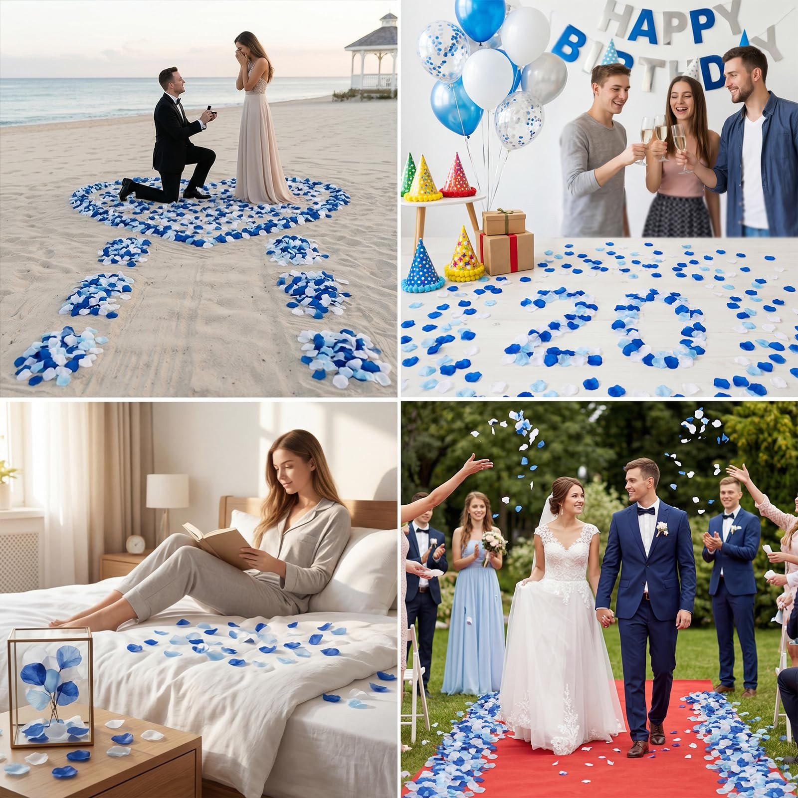 1800PCS Artificial Rose Petals, Dark Blue, Light Blue, White