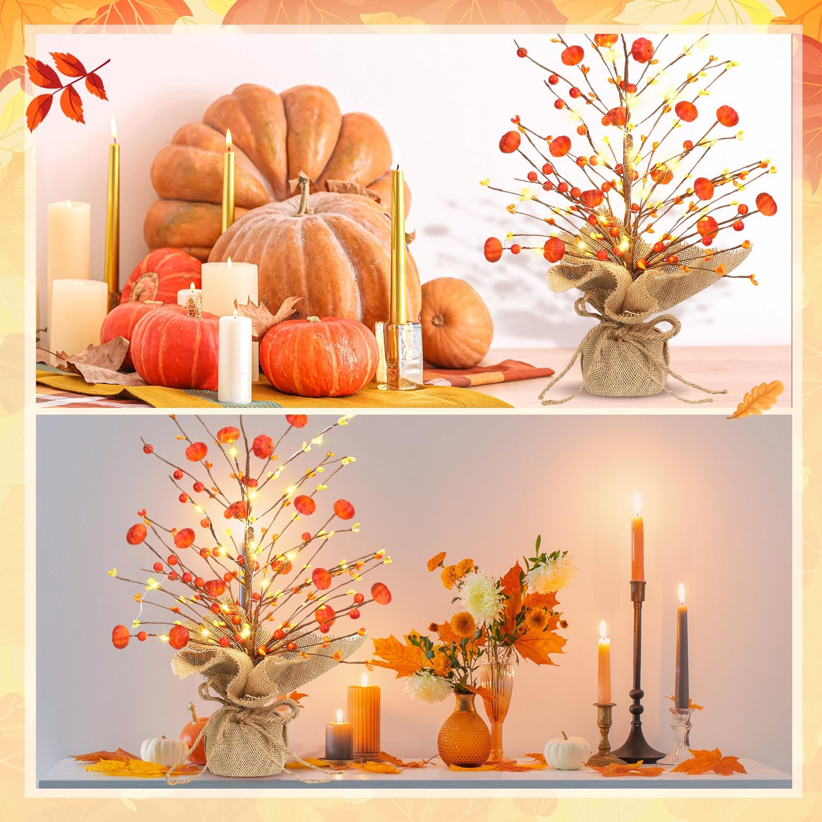 Ganeen 2 Pcs Thanksgiving Lighted Fall Tree Tabletop Decor LED 18 Inch Light …