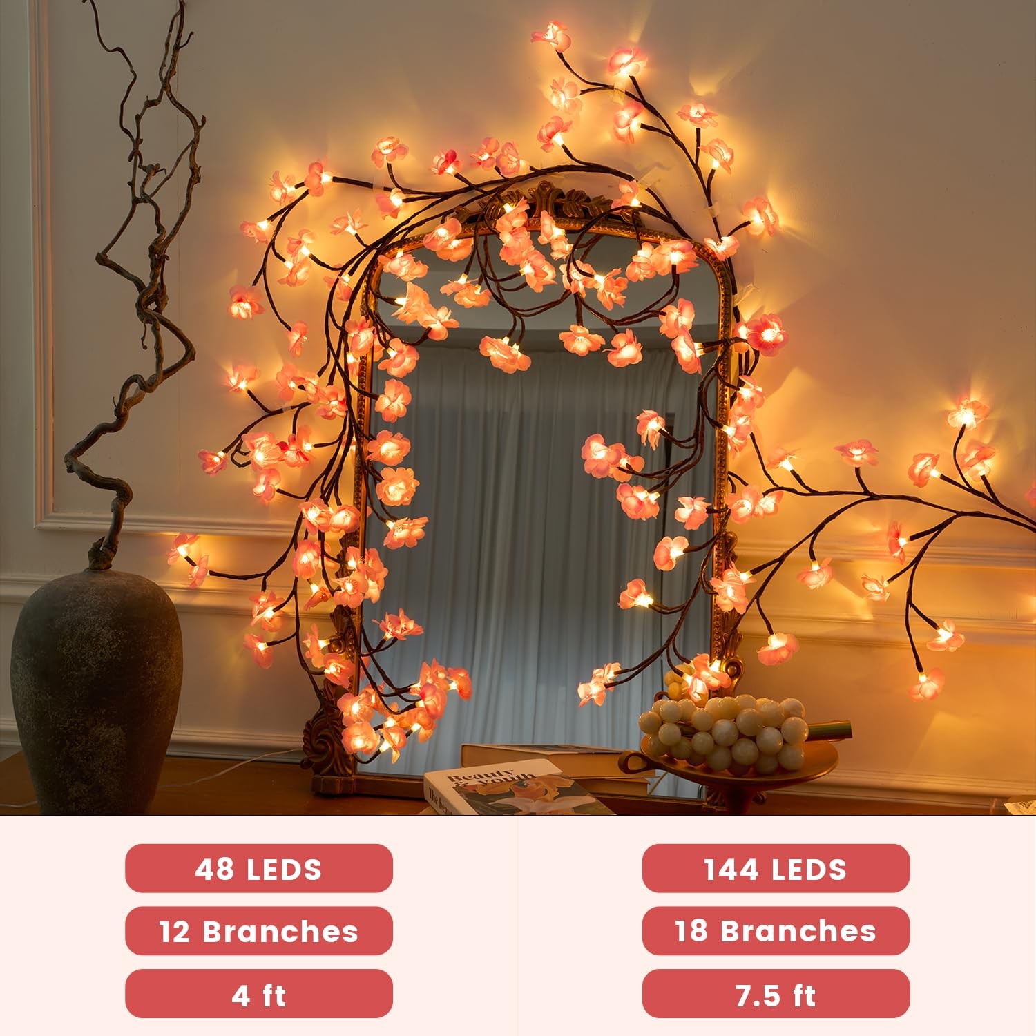 4FT 48 LED Pink Cherry Blossom Vine Lights Remote Flower Willow Wall Decor