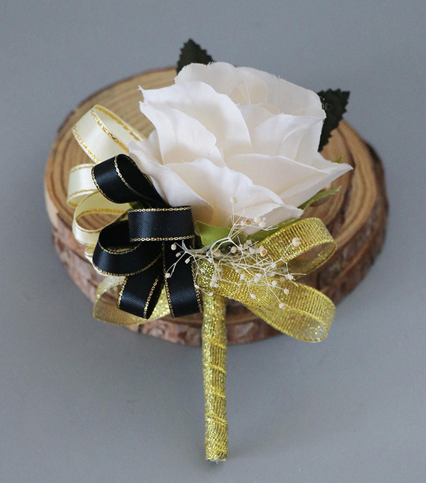 2 PCS Ivory Black Rose Wrist Corsage Boutonniere Set Wedding Prom Flower Suit
